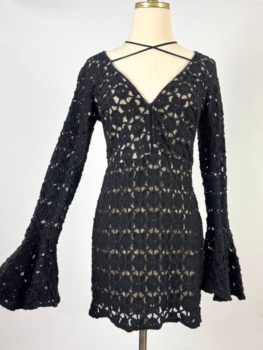 Free People Black Lace Bell Sleeve Mini Dress Neck Tie Festival Boho 70s-Style